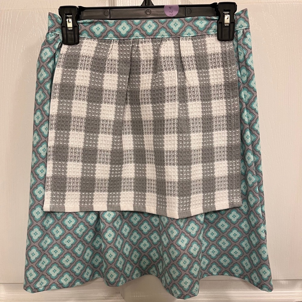 Handmade Half Apron with Towel Front Teal Grey Quatrefoil Plaid XS-L